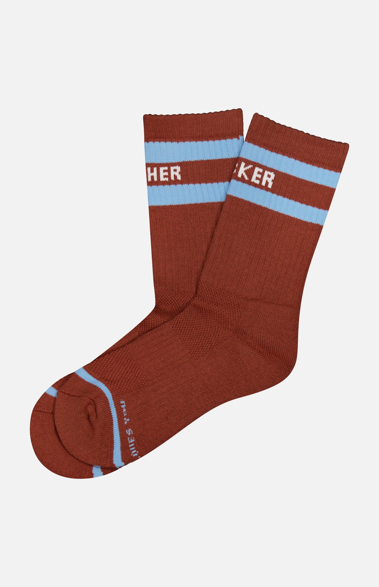 Introducing the MOTHER Baby Steps Stripe Socks: a unisex pair of brown crew socks featuring light blue stripes and partial white text on the cuffs, inspired by the timeless look of vintage tube socks, displayed against a clean white background.