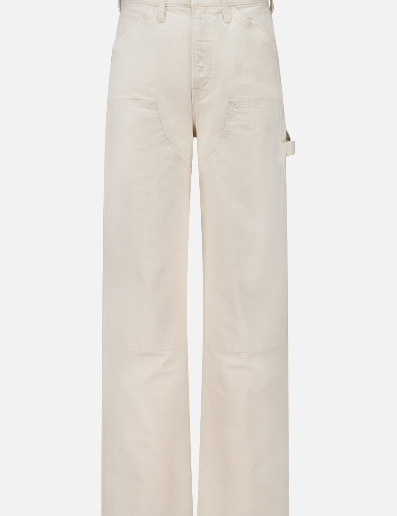 Off-white high-waisted Mother Bees Knees Stud Finder Cargo Pant with front utility pockets and a side hammer loop.