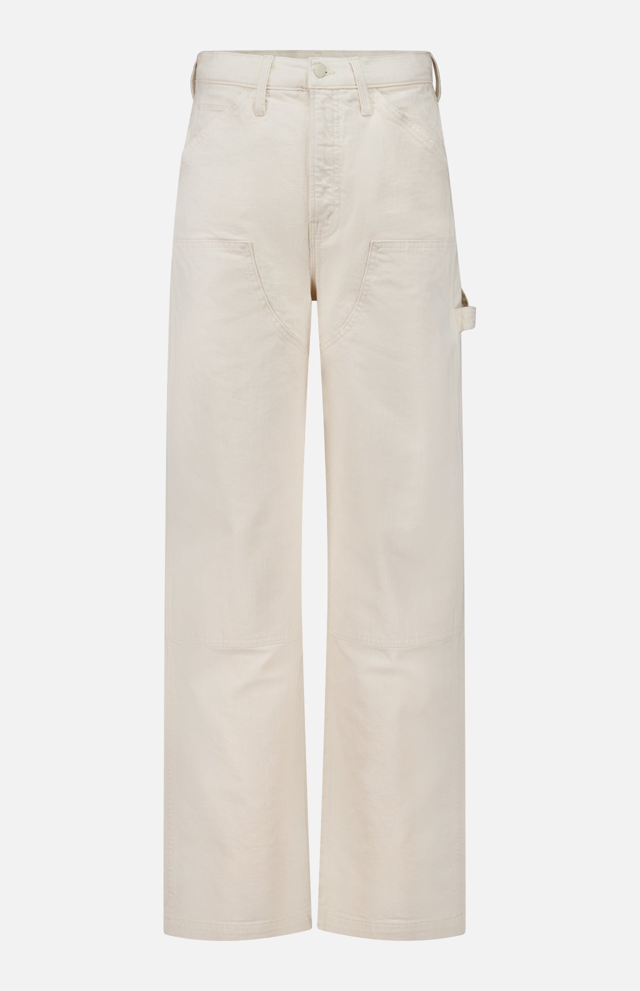 Off-white high-waisted Mother Bees Knees Stud Finder Cargo Pant with front utility pockets and a side hammer loop.
