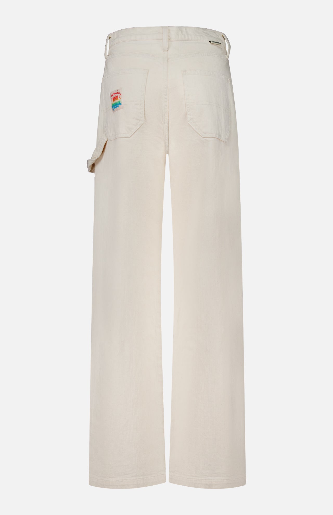 Back view of off-white wide-leg Bees Knees Stud Finder Cargo Pant in Act Natural by Mother, featuring a colorful graphic patch on the back pocket.