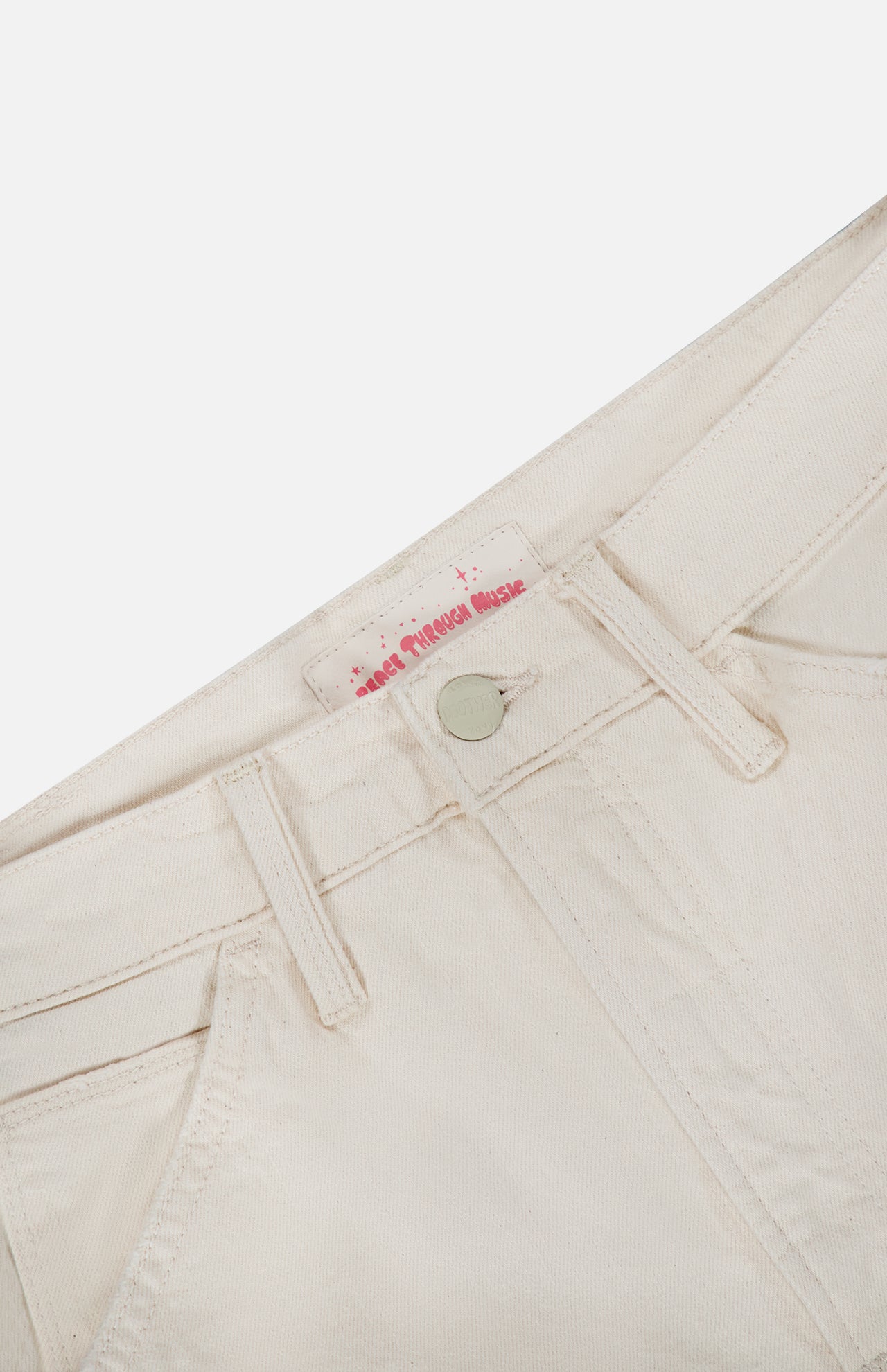 Off-white high waisted Bees Knees Stud Finder Cargo Pant in Act Natural featuring a waist label that reads PEACE THROUGH MUSIC in pink text.