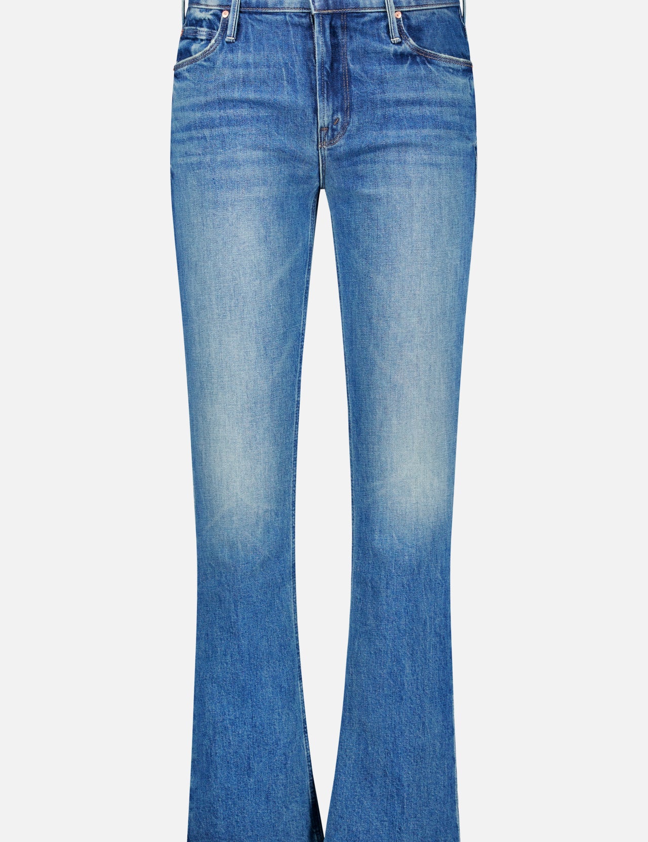 The Lilrunaway Jeans in On A Roll by MOTHER are blue denim petite jeans with a slight flare at the bottom, faded detailing on the thighs, front button and zipper closure, and both front and back pockets. These mid-rise jeans are displayed against a white background.