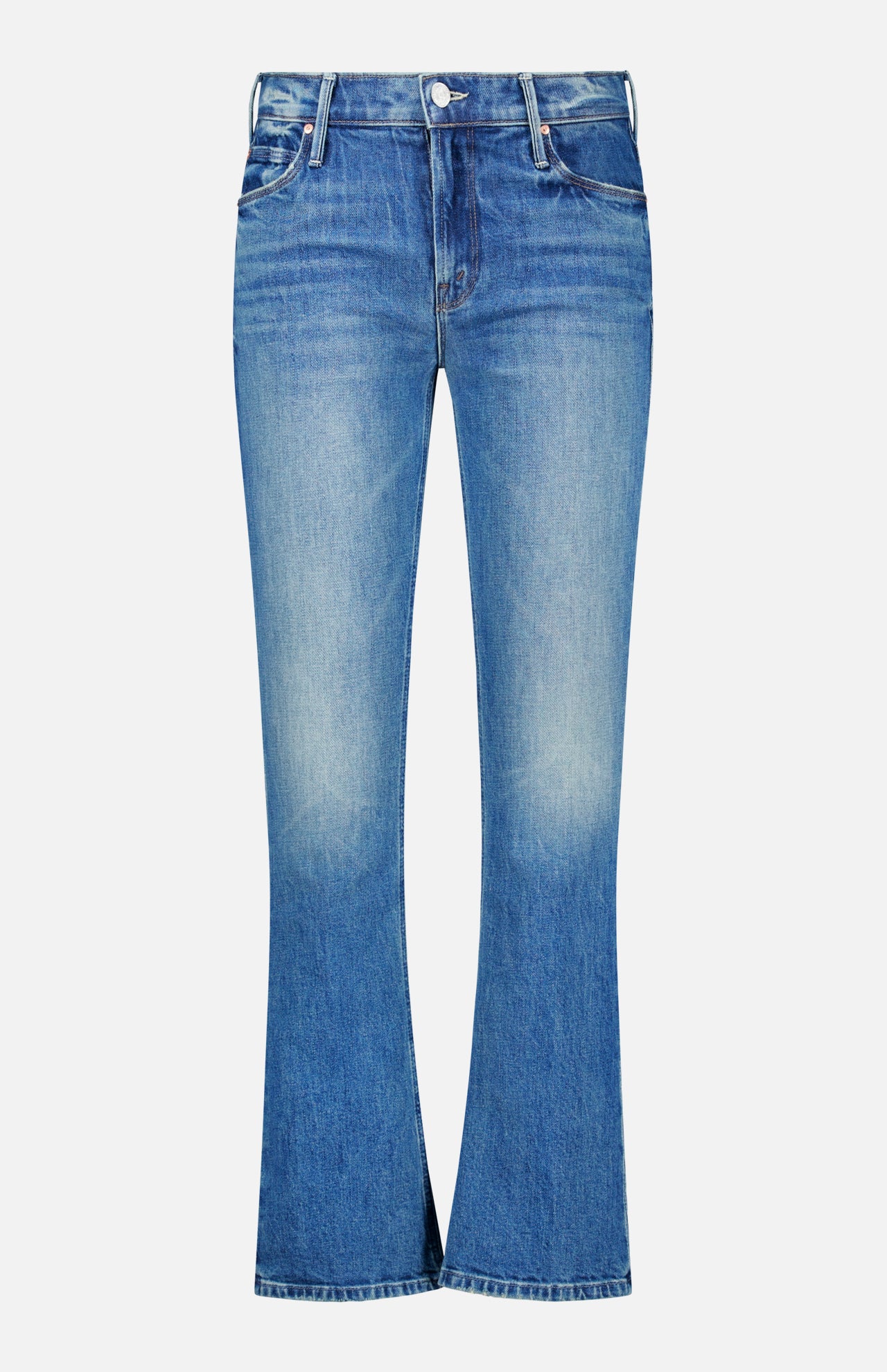 The Lilrunaway Jeans in On A Roll by MOTHER are blue denim petite jeans with a slight flare at the bottom, faded detailing on the thighs, front button and zipper closure, and both front and back pockets. These mid-rise jeans are displayed against a white background.