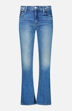 The Lilrunaway Jeans in On A Roll by MOTHER are blue denim petite jeans with a slight flare at the bottom, faded detailing on the thighs, front button and zipper closure, and both front and back pockets. These mid-rise jeans are displayed against a white background.