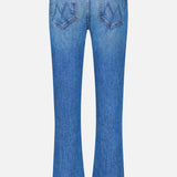 Seen from the back, the MOTHER Lilrunaway Jeans in On A Roll feature two rear pockets with stitched designs and slightly flared legs. These mid-rise jeans offer a flattering fit, combining classic style with a touch of modern flair.