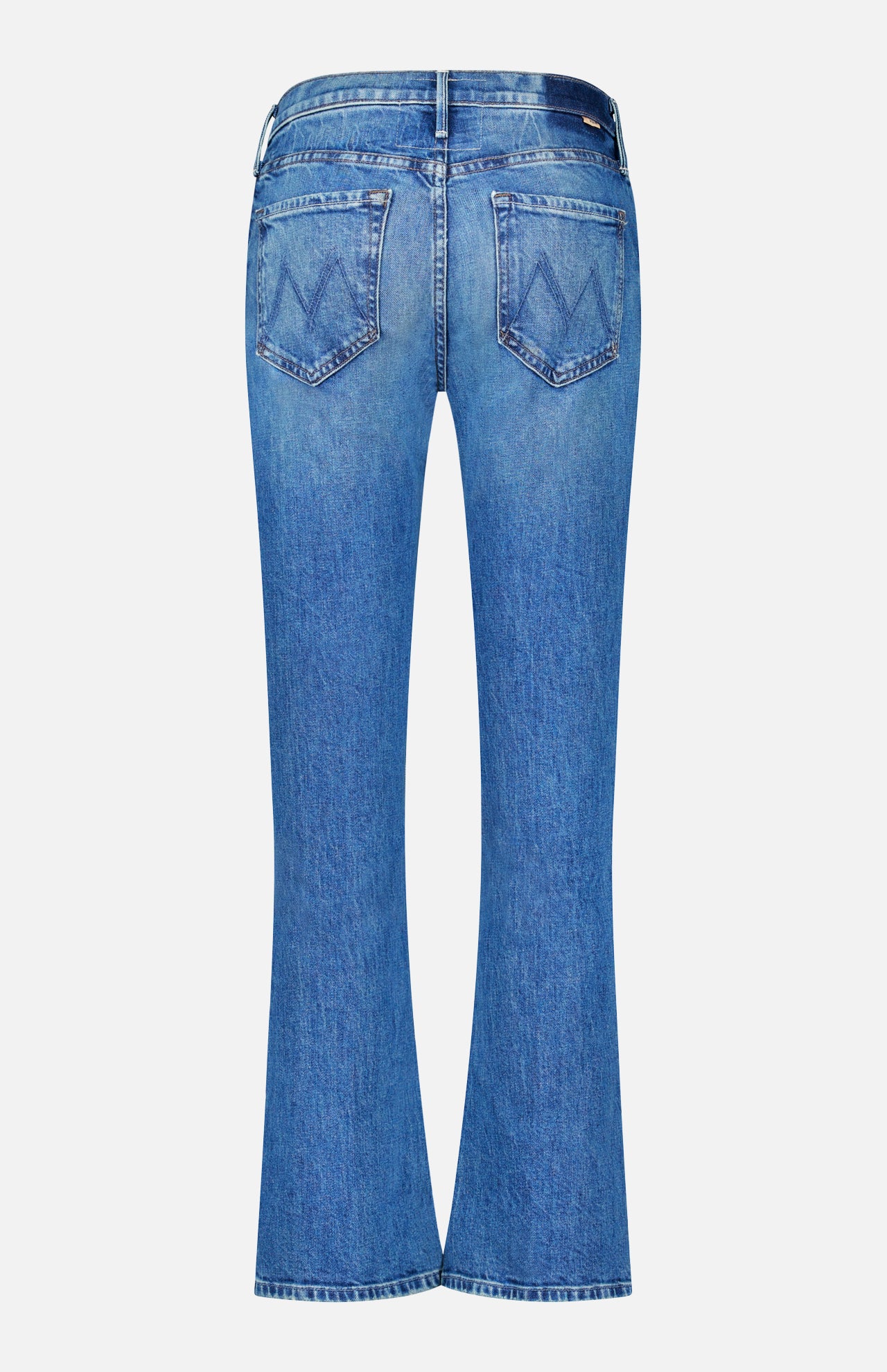Seen from the back, the MOTHER Lilrunaway Jeans in On A Roll feature two rear pockets with stitched designs and slightly flared legs. These mid-rise jeans offer a flattering fit, combining classic style with a touch of modern flair.