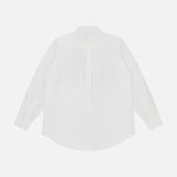 The Bestie Button-front Shirt by MOTHER is shown from the back in plain white 100% cotton, featuring a center pleat, buttoned cuffs, classic collar, and curved hem.