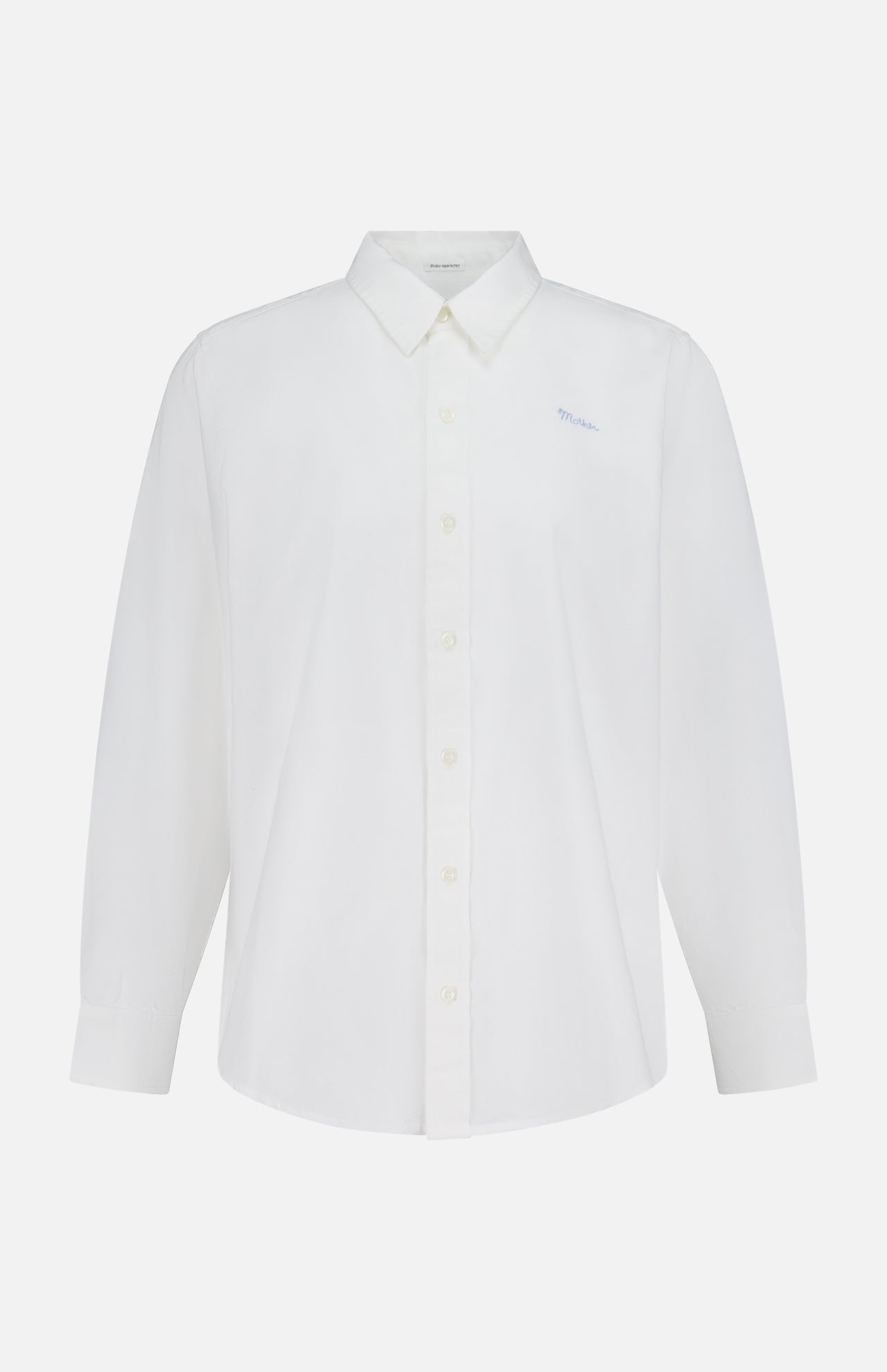 The Bestie Button-front Shirt by MOTHER is a long-sleeve, 100% cotton white shirt with a collar and light blue embroidery on the left chest, shown against a white background.