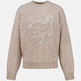 Introducing The Biggie Pegasus Jumper Sweater by MOTHER—an oversized beige knit crafted from a luxurious wool-cashmere blend. Featuring a white outline drawing of a Pegasus on the front, this crew neck sweater is finished with long sleeves and ribbed neckline, cuffs, and hem for ultimate comfort and style.