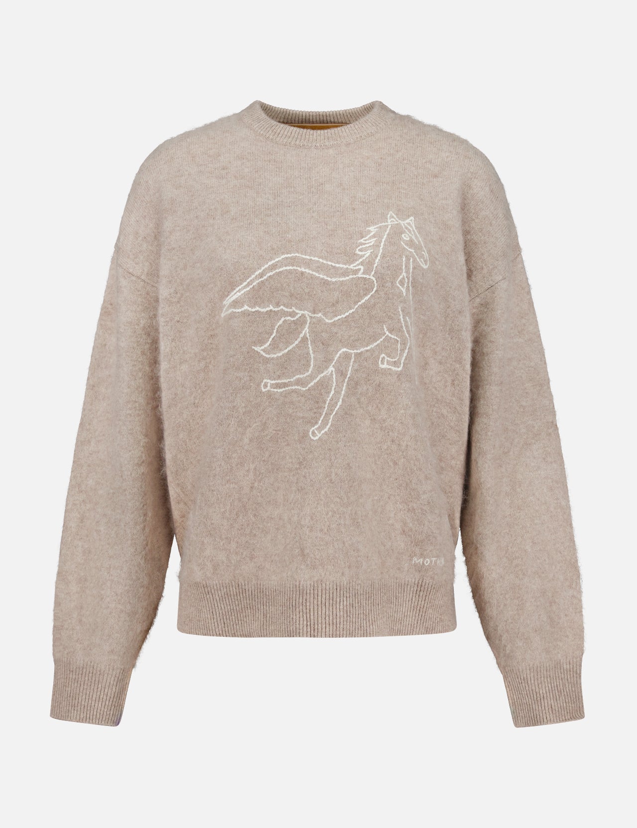 Introducing The Biggie Pegasus Jumper Sweater by MOTHER—an oversized beige knit crafted from a luxurious wool-cashmere blend. Featuring a white outline drawing of a Pegasus on the front, this crew neck sweater is finished with long sleeves and ribbed neckline, cuffs, and hem for ultimate comfort and style.