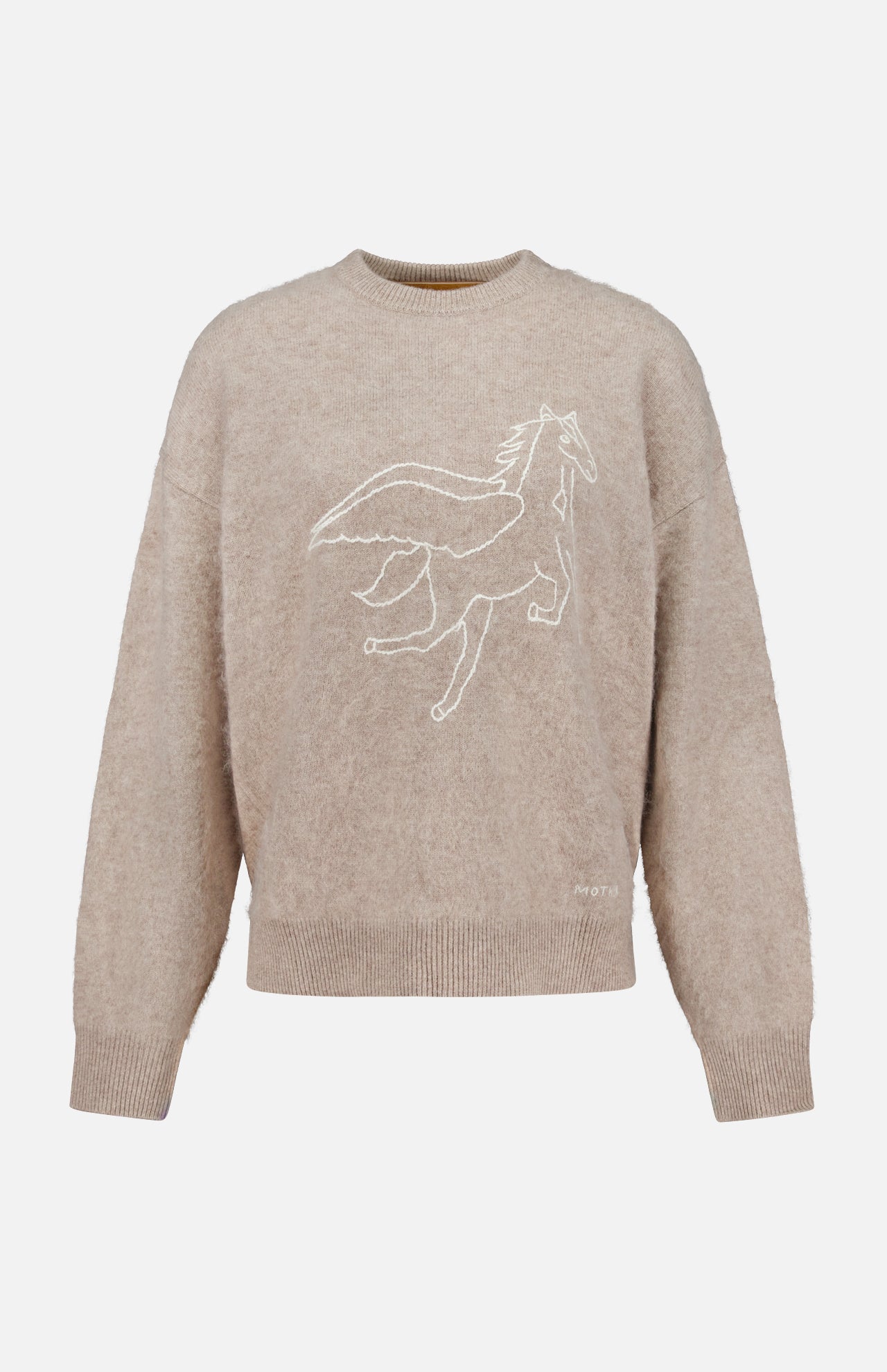 Introducing The Biggie Pegasus Jumper Sweater by MOTHER—an oversized beige knit crafted from a luxurious wool-cashmere blend. Featuring a white outline drawing of a Pegasus on the front, this crew neck sweater is finished with long sleeves and ribbed neckline, cuffs, and hem for ultimate comfort and style.