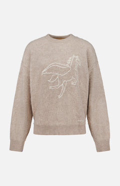 Introducing The Biggie Pegasus Jumper Sweater by MOTHER—an oversized beige knit crafted from a luxurious wool-cashmere blend. Featuring a white outline drawing of a Pegasus on the front, this crew neck sweater is finished with long sleeves and ribbed neckline, cuffs, and hem for ultimate comfort and style.