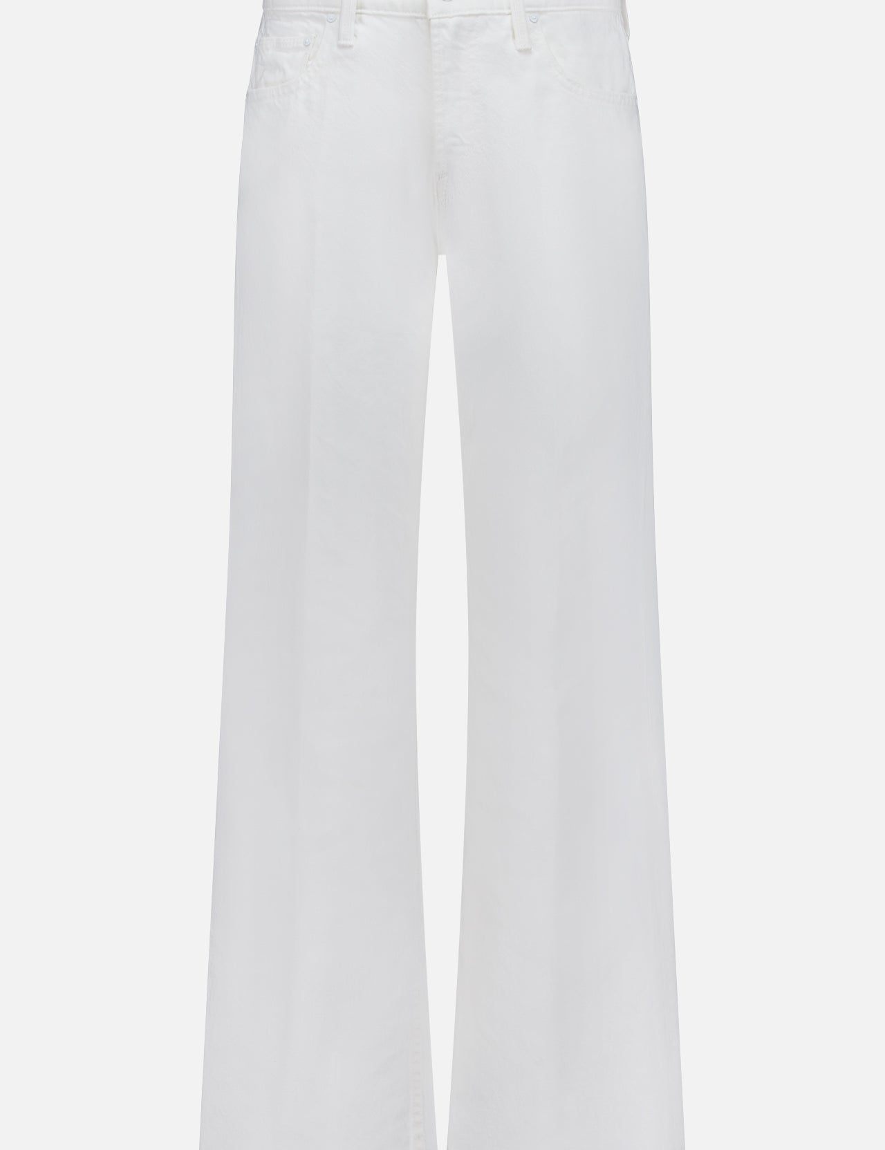The Bookie Skimp Pant in Picket Fence by MOTHER features high-waisted, wide-leg white denim with button and zip closure, front and back pockets, and belt loops.