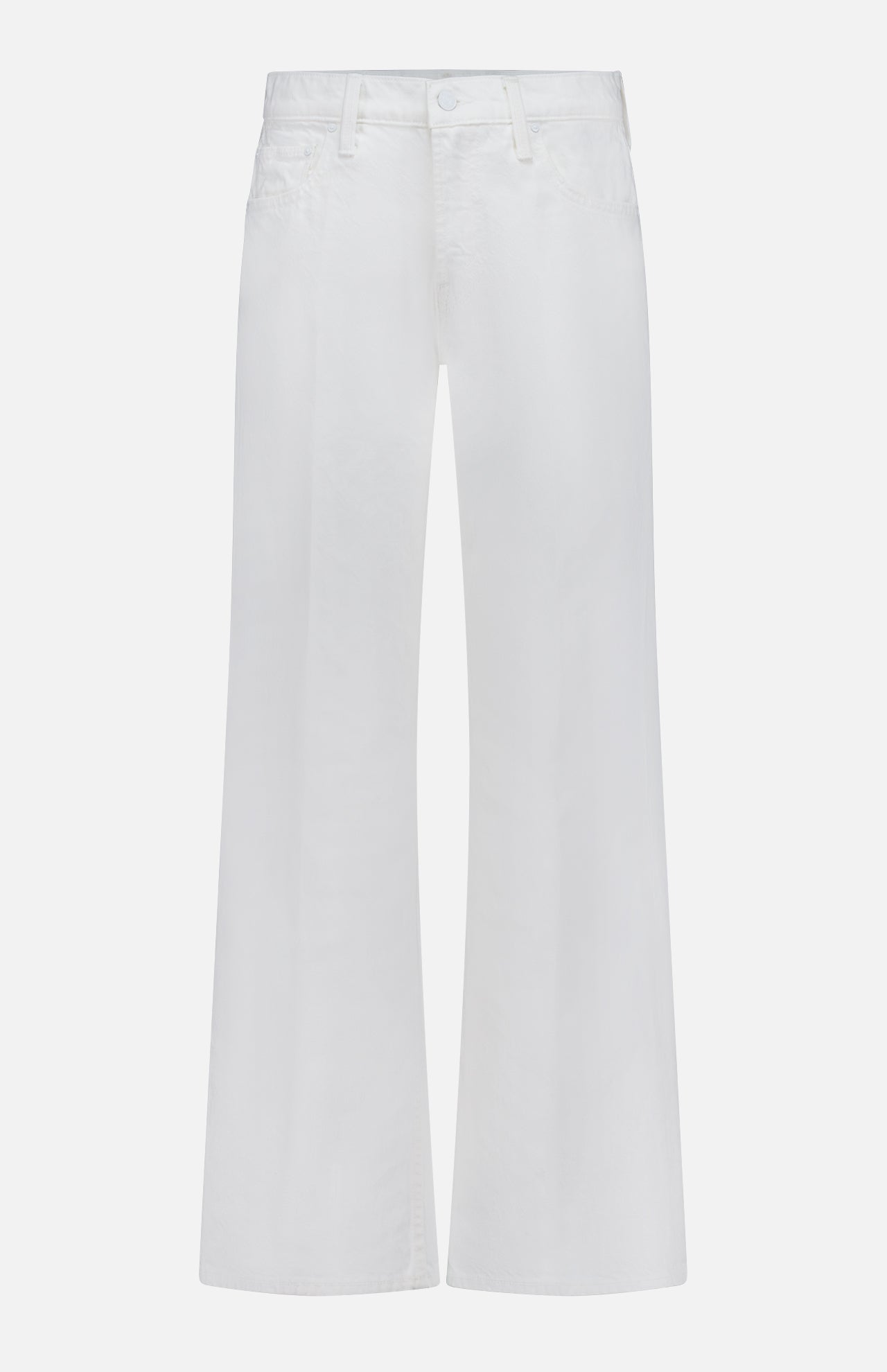 The Bookie Skimp Pant in Picket Fence by MOTHER features high-waisted, wide-leg white denim with button and zip closure, front and back pockets, and belt loops.