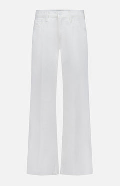 The Bookie Skimp Pant in Picket Fence by MOTHER features high-waisted, wide-leg white denim with button and zip closure, front and back pockets, and belt loops.
