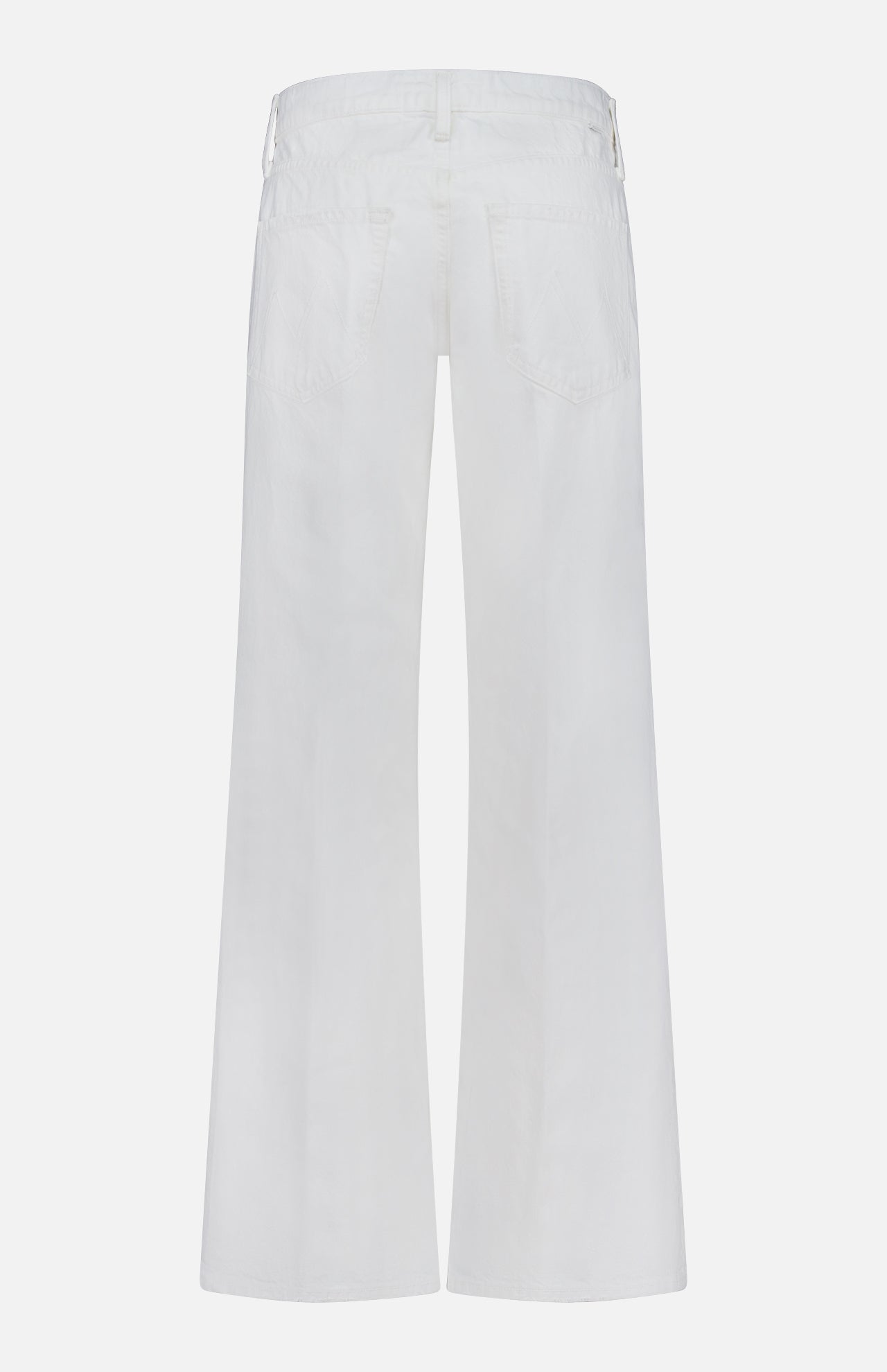 Back view of MOTHER's The Bookie Skimp Pant in Picket Fence—mid-rise, wide-leg white denim with two back pockets and belt loops—shown on a plain white background.