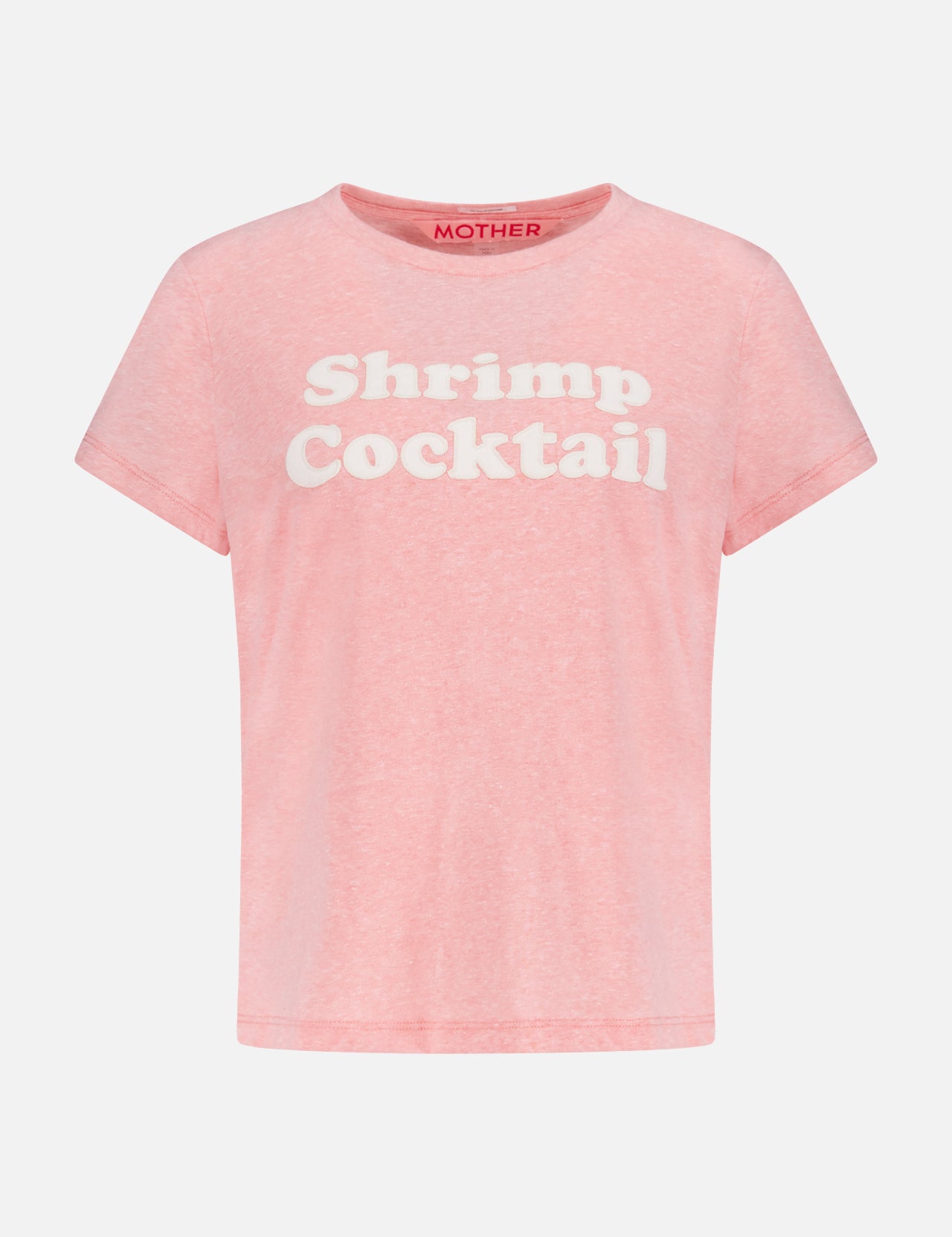 The Boxy Goodie Goodie T-shirt by MOTHER is a slim-fit, light pink cotton blend tee with short sleeves and "Shrimp Cocktail" boldly printed in white on the front. The brand's name appears inside the collar.