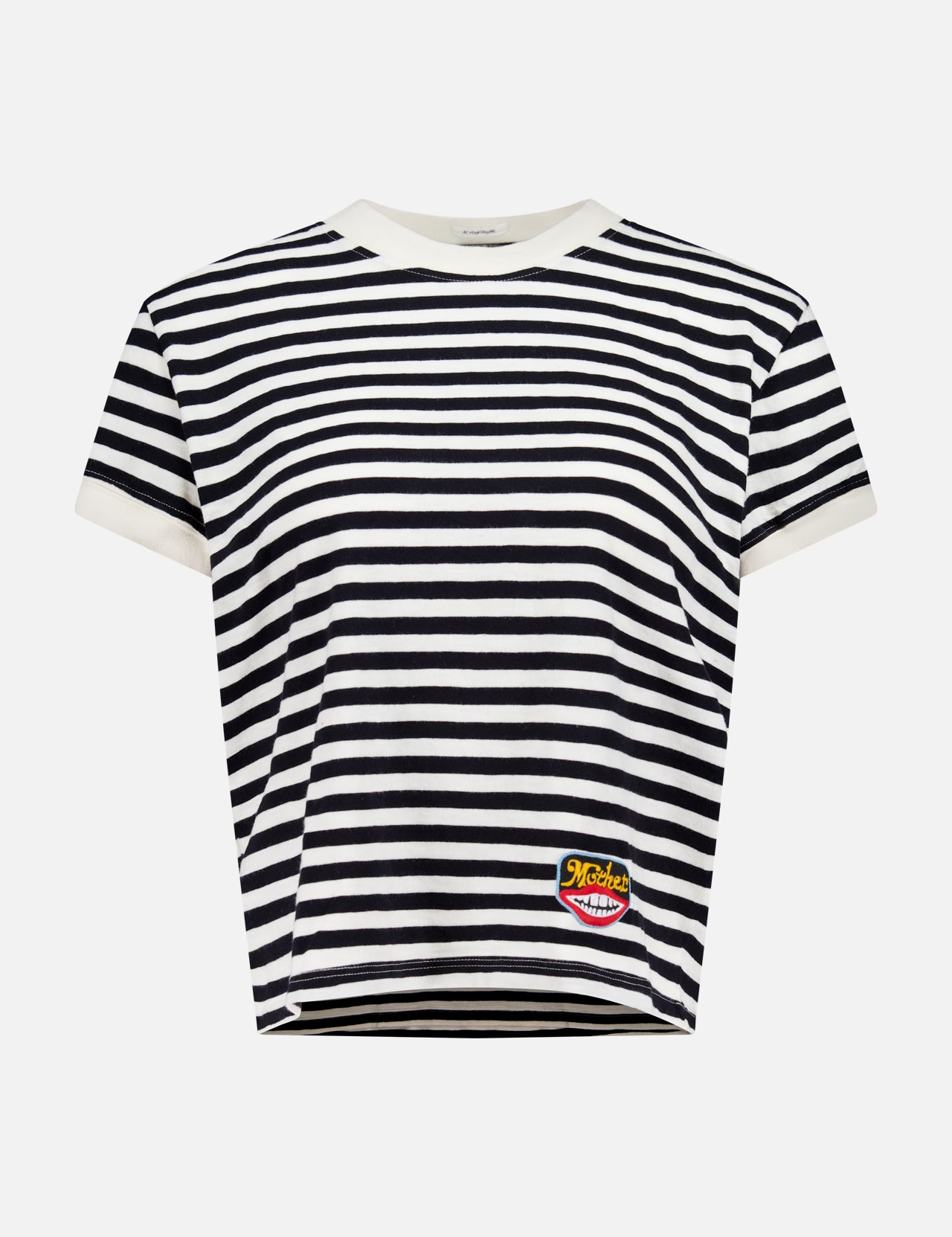 Introducing the Boxy Goodie Goodie T-shirt by MOTHER—a short-sleeved crew neck tee with bold black and white stripes, designed for a relaxed boxy fit. Crafted from 100% cotton, it features a crisp white collar and sleeve trim along with a small, colorful patch sewn near the bottom left hem.