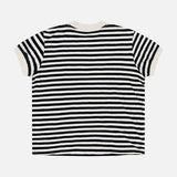 The Boxy Goodie Goodie T-shirt by MOTHER is a slim fit crew neck top featuring black and white horizontal stripes. Laid flat to highlight the back, it includes white trim at the collar and sleeves for a classic finish. Crafted from 100% cotton, this t-shirt offers all-day comfort.