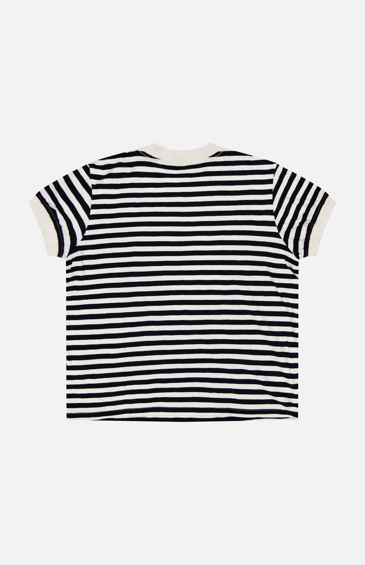 The Boxy Goodie Goodie T-shirt by MOTHER is a slim fit crew neck top featuring black and white horizontal stripes. Laid flat to highlight the back, it includes white trim at the collar and sleeves for a classic finish. Crafted from 100% cotton, this t-shirt offers all-day comfort.