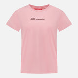 The Boxy Goodie Goodie T-shirt by MOTHER is a light pink slim fit shirt with "little maniac" embroidered in small black cursive across the chest and a red MOTHER label inside the collar, displayed on a white background.