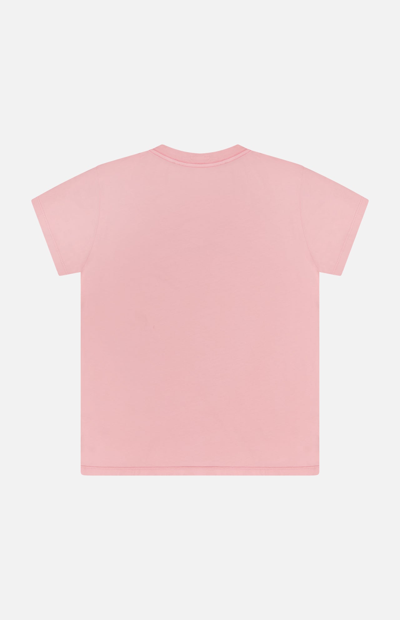 The Boxy Goodie Goodie T-shirt by MOTHER is a slim fit, light pink Supima cotton tee with a classic, logo-free design. Shown from the back, it’s laid flat on a white background with no patterns or decorations.