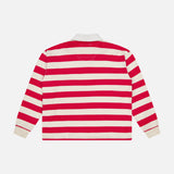 The Boxy Rugby Match Shirt by MOTHER features an oversized fit, long sleeves, bold red and white stripes, a white collar and cuffs, displayed flat with the back facing up on a plain white background.