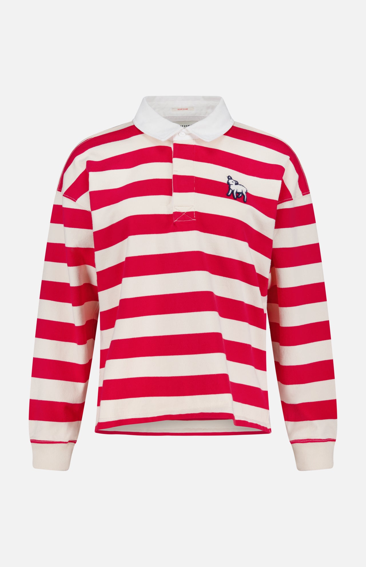 The Boxy Rugby Match Shirt by MOTHER features bold red and white stripes, an oversized fit, a white collar, and a small embroidered dog logo. Made from recycled cotton for comfort and sustainability.