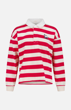 The Boxy Rugby Match Shirt by MOTHER features bold red and white stripes, an oversized fit, a white collar, and a small embroidered dog logo. Made from recycled cotton for comfort and sustainability.