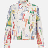 The Bruiser Jacket in Pep Rally by MOTHER features a cropped fit, vintage vibe, and colorful faded pennant print. Designed with front buttons, flap pockets, and a classic collar for timeless style.