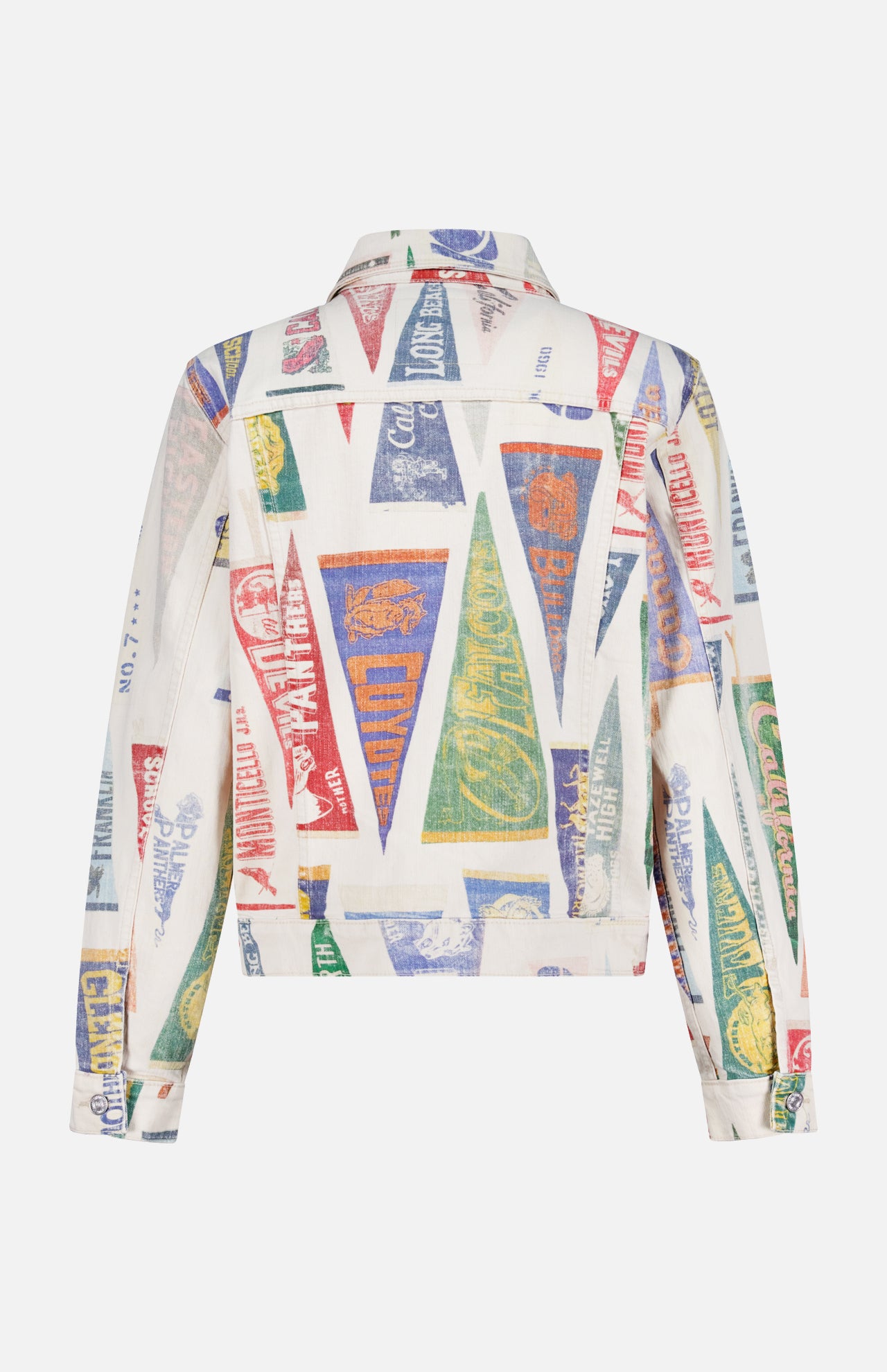 The Bruiser Jacket in Pep Rally by MOTHER features a white, cropped design with a back view of faded red, green, blue, and yellow pennant prints, each displaying vintage-style text and graphics for a modern yet nostalgic look.