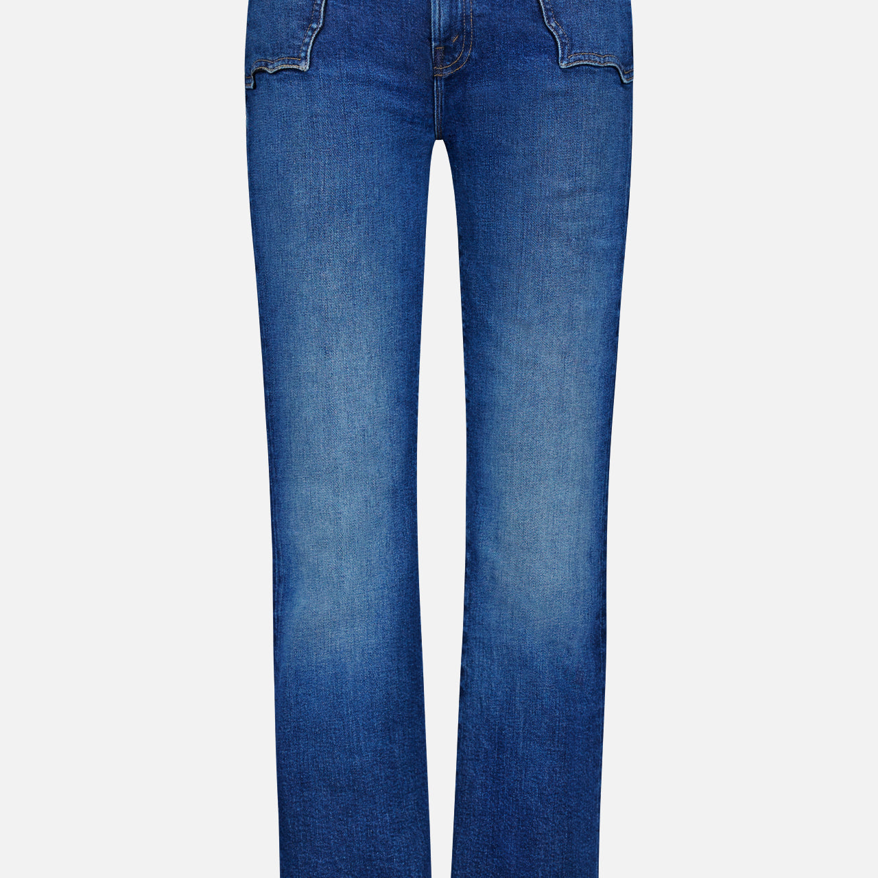 The Buckle Bunny Hustler Jean in Cosmic Cowgirl by MOTHER features a high-rise, straight-leg silhouette with front button and zip closure, plus decorative stitching on the front pockets. Crafted from stretch denim, these jeans showcase a blue wash with subtle fading on the thighs and knees for extra style.