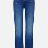 The Buckle Bunny Hustler Jean in Cosmic Cowgirl by MOTHER features a high-rise, straight-leg silhouette with front button and zip closure, plus decorative stitching on the front pockets. Crafted from stretch denim, these jeans showcase a blue wash with subtle fading on the thighs and knees for extra style.