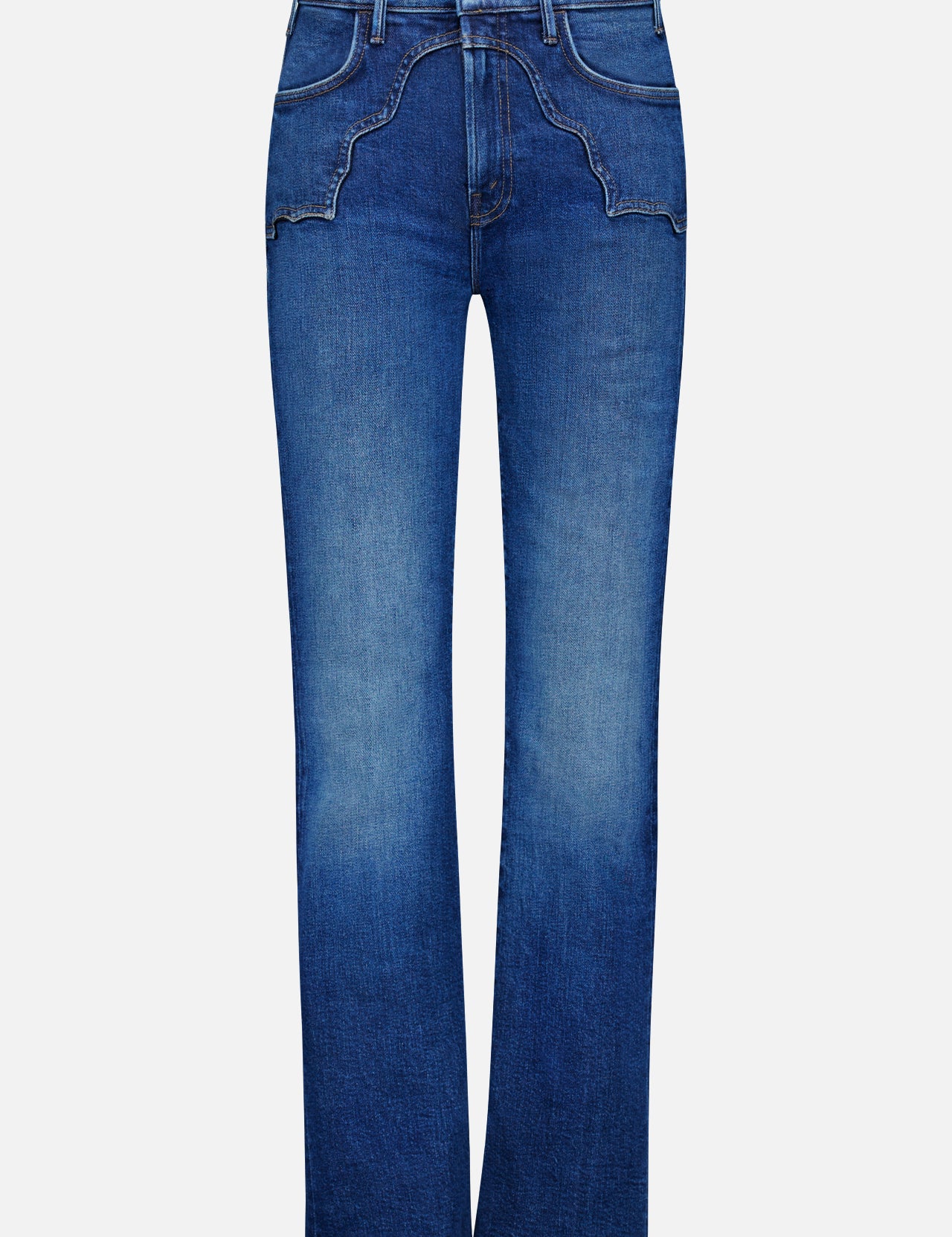 The Buckle Bunny Hustler Jean in Cosmic Cowgirl by MOTHER features a high-rise, straight-leg silhouette with front button and zip closure, plus decorative stitching on the front pockets. Crafted from stretch denim, these jeans showcase a blue wash with subtle fading on the thighs and knees for extra style.