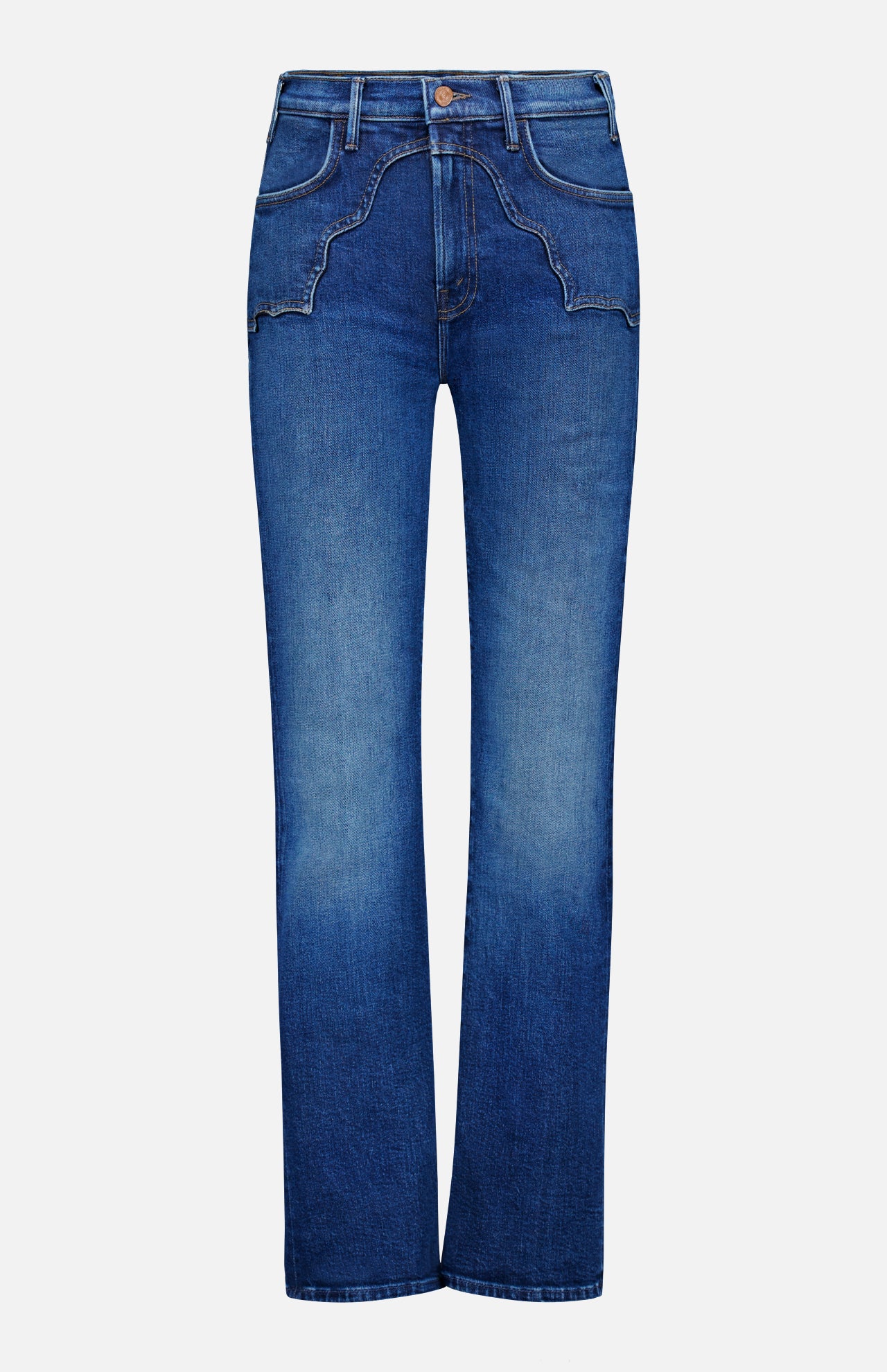 The Buckle Bunny Hustler Jean in Cosmic Cowgirl by MOTHER features a high-rise, straight-leg silhouette with front button and zip closure, plus decorative stitching on the front pockets. Crafted from stretch denim, these jeans showcase a blue wash with subtle fading on the thighs and knees for extra style.