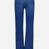 Back view of the MOTHER The Buckle Bunny Hustler Jean in Cosmic Cowgirl, showcasing two back pockets with stitched M designs. These western-inspired jeans feature a straight-leg cut and a waistband with belt loops, all set against a plain white background.