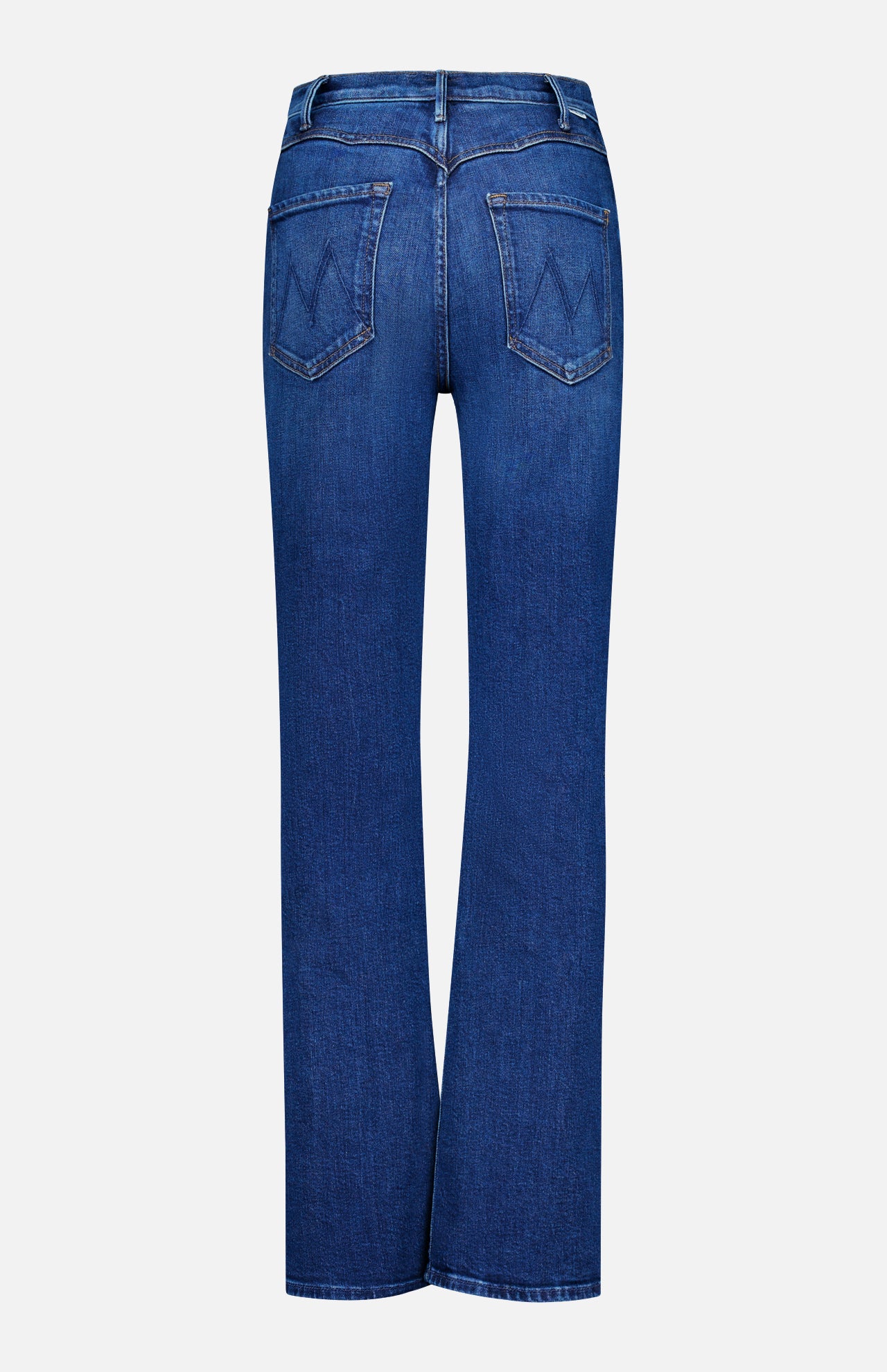 Back view of the MOTHER The Buckle Bunny Hustler Jean in Cosmic Cowgirl, showcasing two back pockets with stitched M designs. These western-inspired jeans feature a straight-leg cut and a waistband with belt loops, all set against a plain white background.