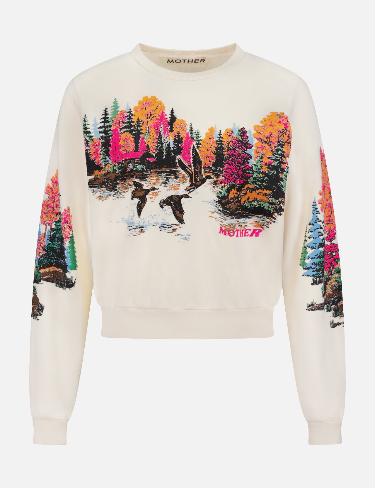 The Camper Lake Scene Sweatshirt by MOTHER is a cream cotton crew neck featuring a colorful lake scene with flying geese, autumn trees, a serene lake, and "MOTHER" on the chest.