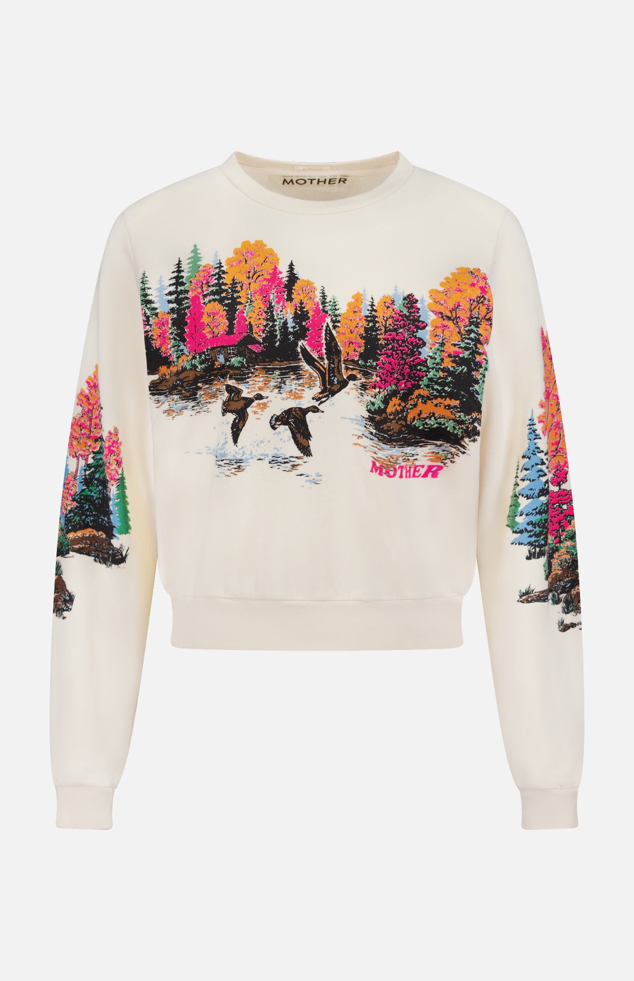 The Camper Lake Scene Sweatshirt by MOTHER is a cream cotton crew neck featuring a colorful lake scene with flying geese, autumn trees, a serene lake, and "MOTHER" on the chest.