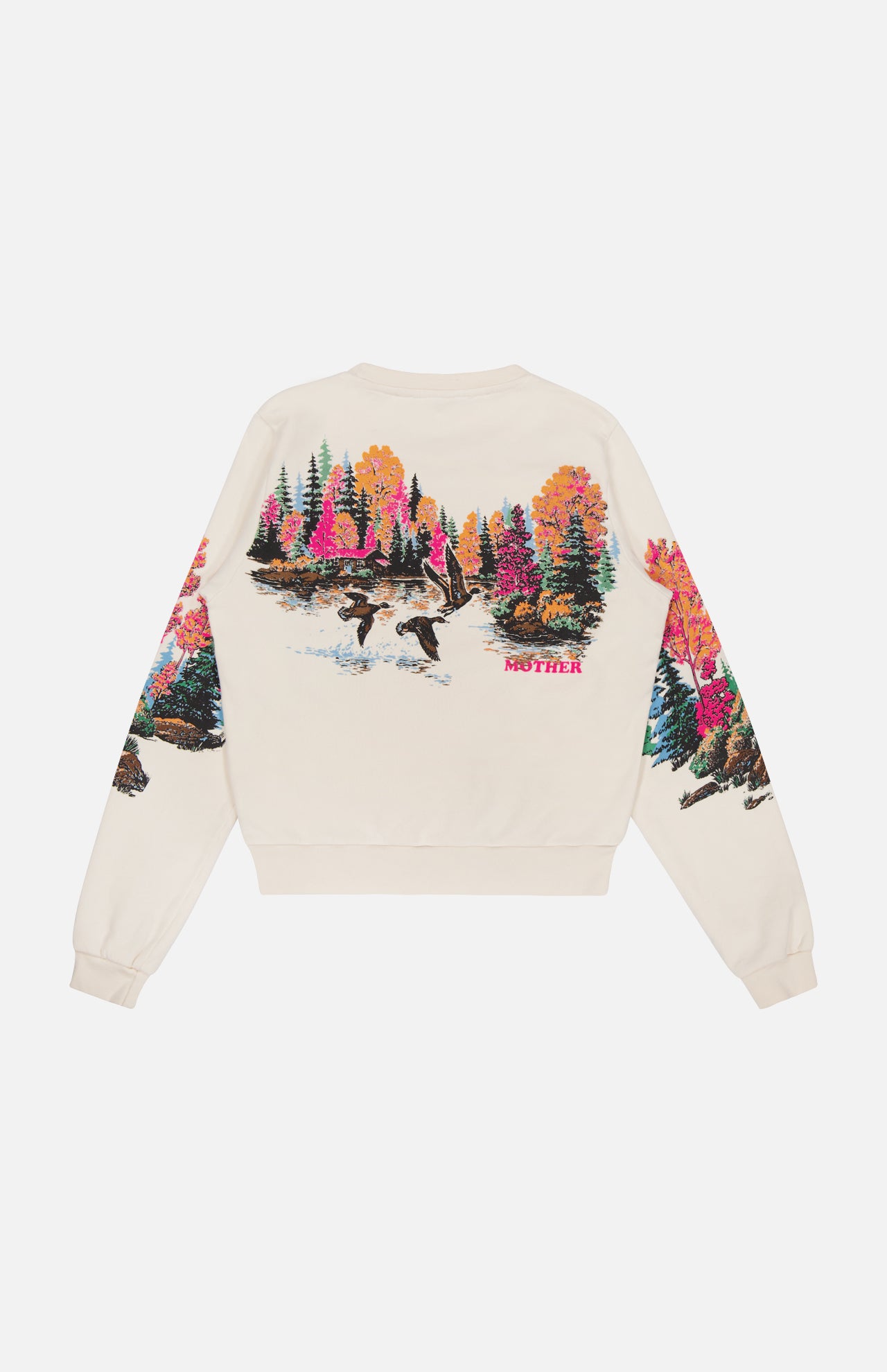 The Camper Lake Scene Sweatshirt by MOTHER is a cream cotton crewneck pullover with a vivid lake scene, flying geese, trees, and nature-themed art on the arms; features red Kith embroidery.