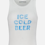 The Chin Ups Chop Tank Top by MOTHER is a white ribbed cotton-blend crop with bold blue "ICE COLD BEER" text on the front and the brand name printed inside the neckline—perfect for effortless summer style.