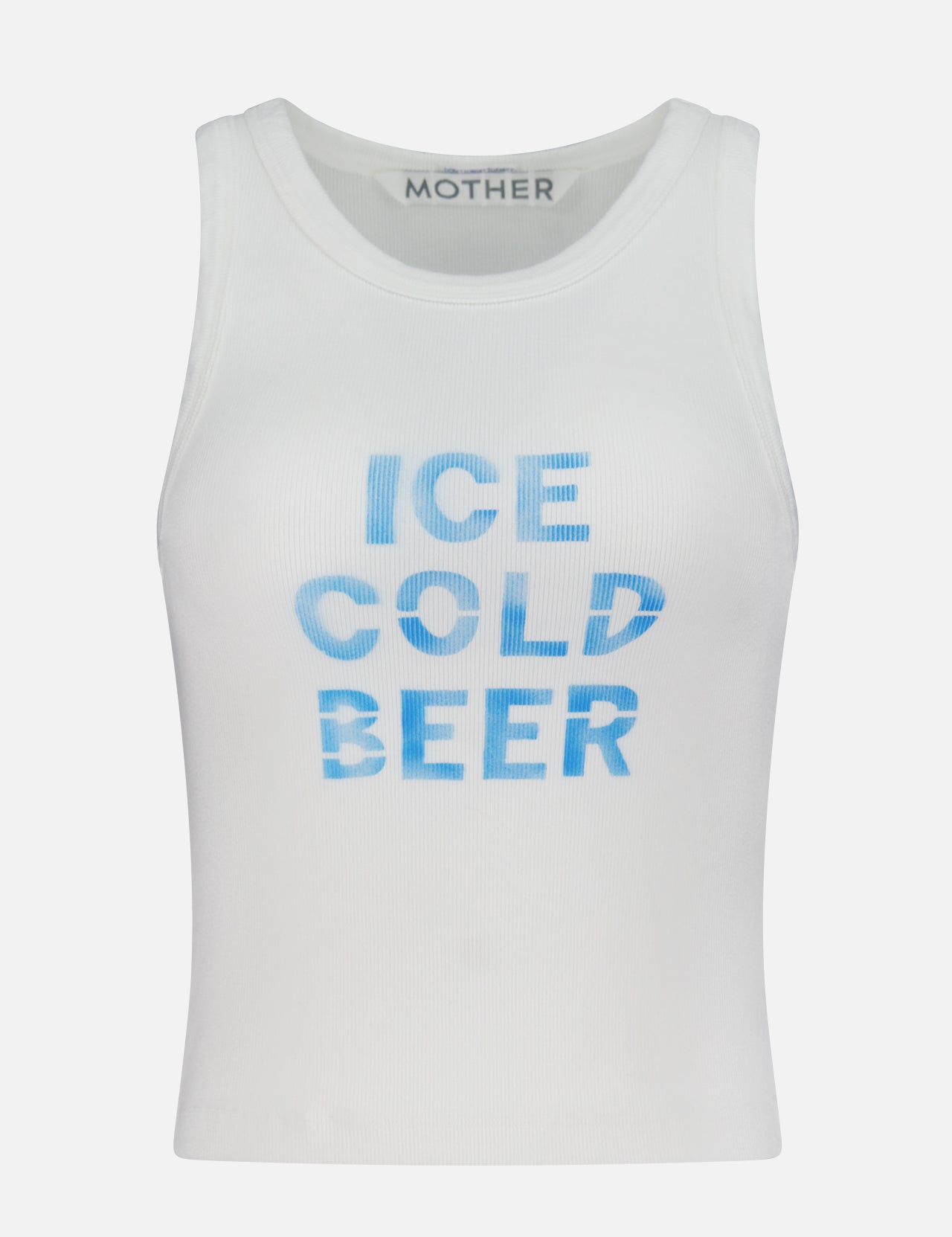 The Chin Ups Chop Tank Top by MOTHER is a white ribbed cotton-blend crop with bold blue "ICE COLD BEER" text on the front and the brand name printed inside the neckline—perfect for effortless summer style.