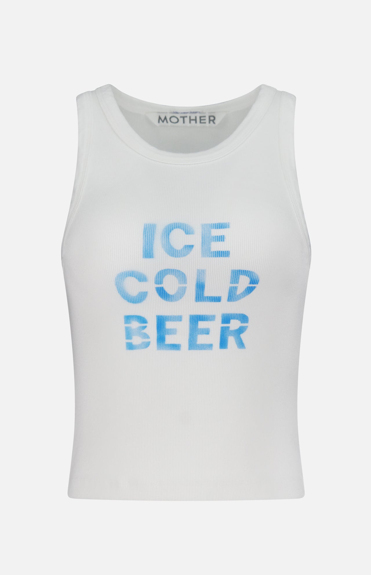 The Chin Ups Chop Tank Top by MOTHER is a white ribbed cotton-blend crop with bold blue "ICE COLD BEER" text on the front and the brand name printed inside the neckline—perfect for effortless summer style.