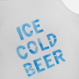 The Chin Ups Chop Tank Top by MOTHER is a white, ribbed cotton-blend cropped tank with “ICE COLD BEER” in bold blue across the front—ideal for laid-back summer style.