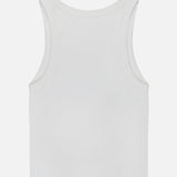 The Chin Ups Chop Tank Top by MOTHER is shown from the back against a light background. This smooth, plain white cropped tank offers a simple, versatile summer style with no visible logos or patterns.