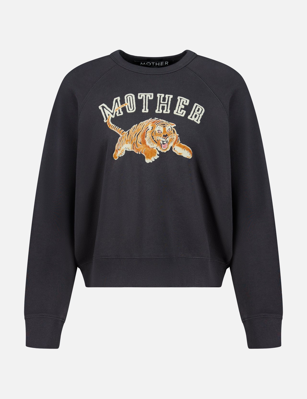 The Concert Tiger Sweatshirt by MOTHER is a black raglan style sweatshirt featuring the word “MOTHER” and an illustrated leaping tiger on the front.