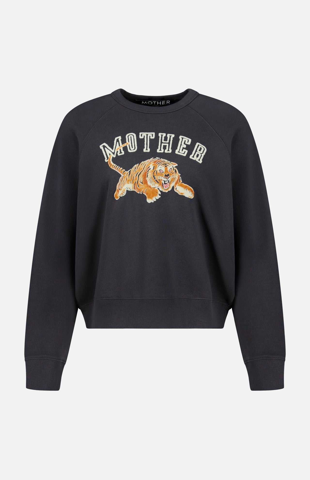 The Concert Tiger Sweatshirt by MOTHER is a black raglan style sweatshirt featuring the word “MOTHER” and an illustrated leaping tiger on the front.