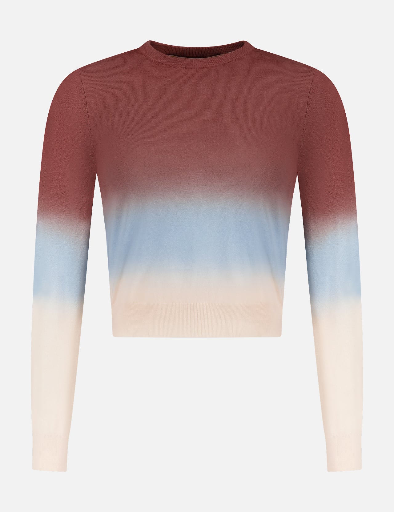 The MOTHER Crew Neck Ombre Jumper Sweatshirt features long sleeves and a gradient design, fading from dark reddish-brown at the top to light blue in the middle and cream on the bottom and sleeves.
