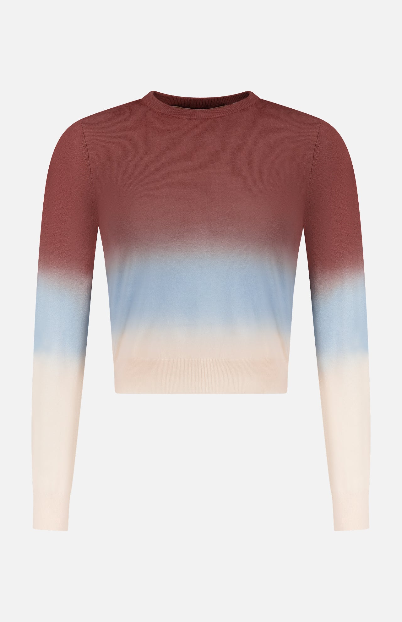 The MOTHER Crew Neck Ombre Jumper Sweatshirt features long sleeves and a gradient design, fading from dark reddish-brown at the top to light blue in the middle and cream on the bottom and sleeves.