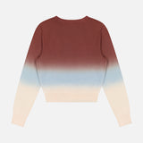 The Crew Neck Ombre Jumper Sweatshirt by MOTHER features long sleeves and a cotton build, with an ombré fade from deep burgundy to light blue to cream, displayed from the back on a plain white background.